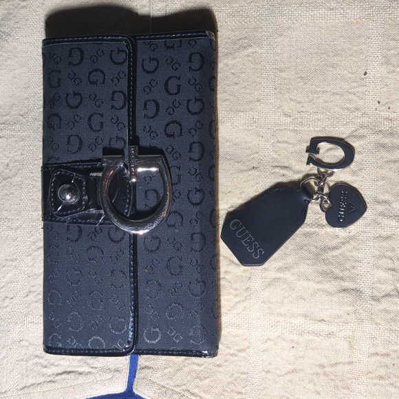 Guess Handbags - Guess Black Wallet with Silver Clasp And Guess Key Tags Now Only $25